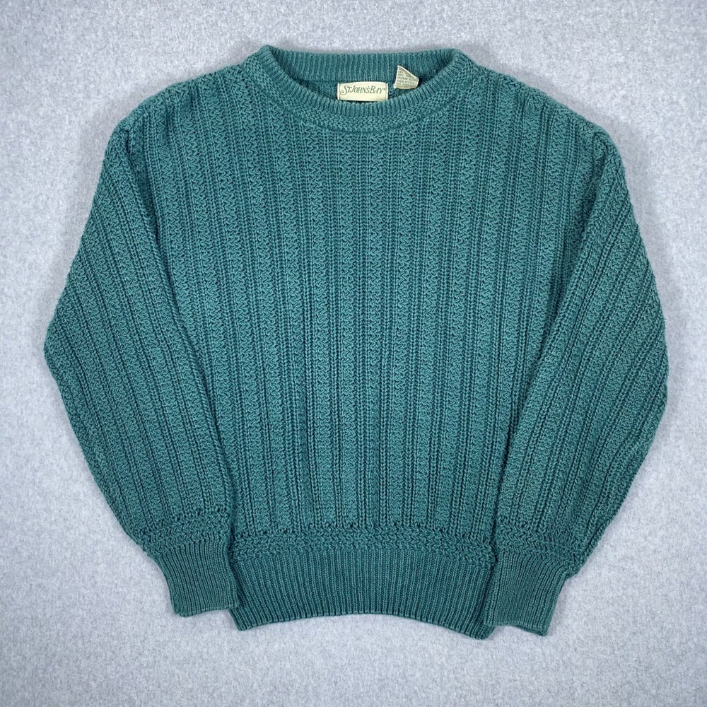 Vintage St Johns Bay Sweater Mens Medium Teal Ribbed Knit Crewneck Ramie Cotton